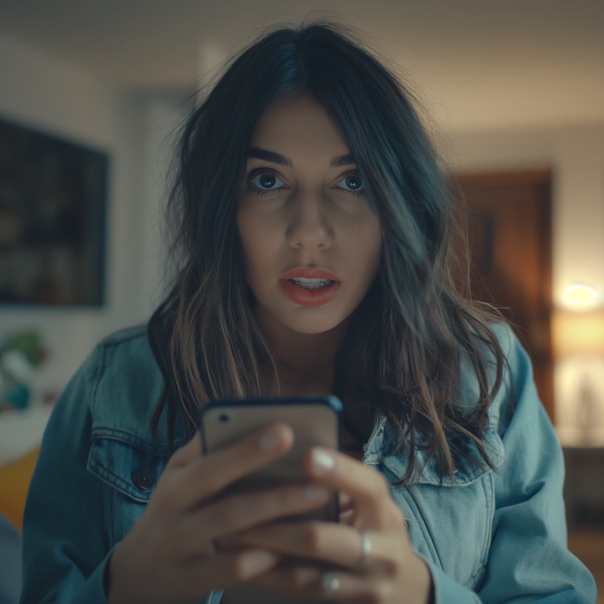 A shocked woman holding her phone | Source: Midjourney